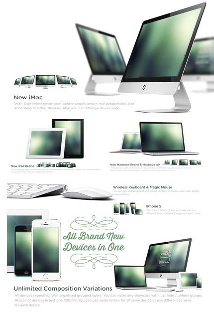 دانلود تصاویر لایه بازقالب پیش نمایش دستگاه های کامپیوتری Creativemarket New Apple Devices Mock Up